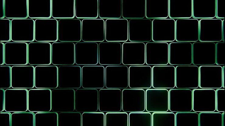 Frontal close-up of staggered grid composed of rounded square hollow tubes with glossy dark surfaces, vivid neon rim lighting, deep black interior, strong contrast, modular abstract structure