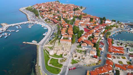 aerial view of nessebar old town in burgas province, on bulgaria black sea coast, drone panoramic of travel holiday destination during a sunny day of summer