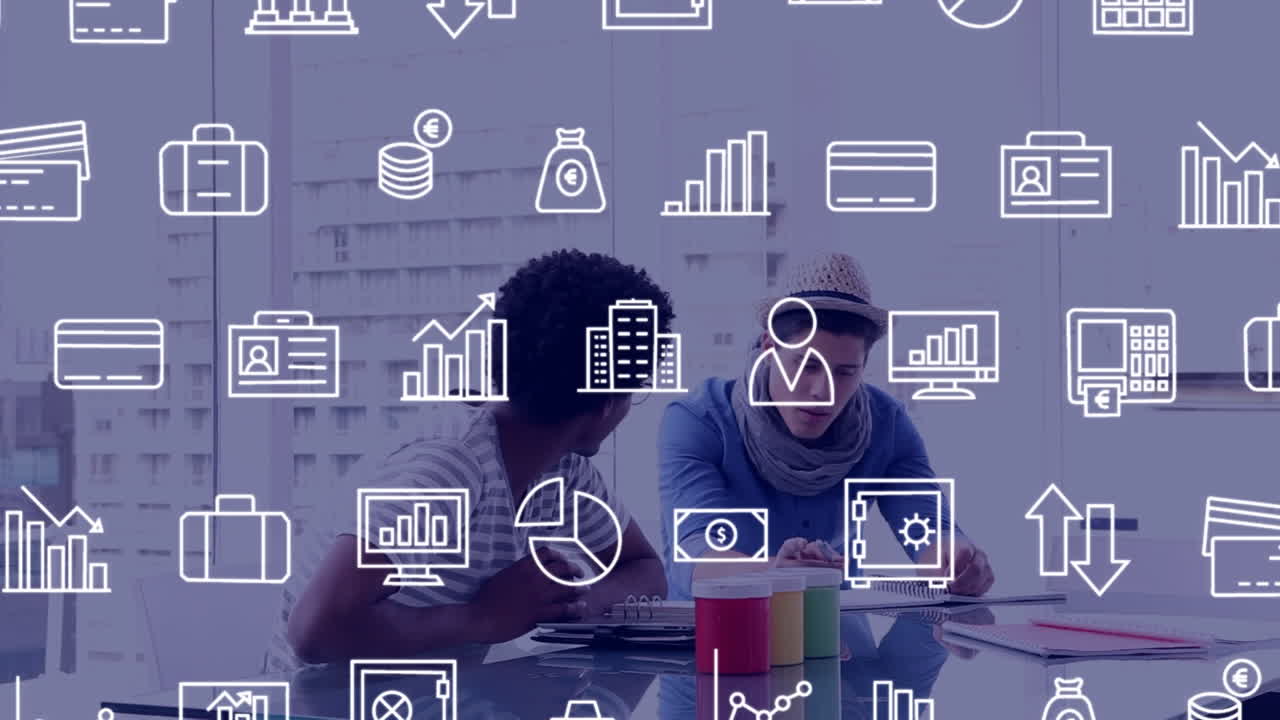 animación de múltiples iconos digitales moviéndose sobre dos hombres diferentes discutiendo en la oficina