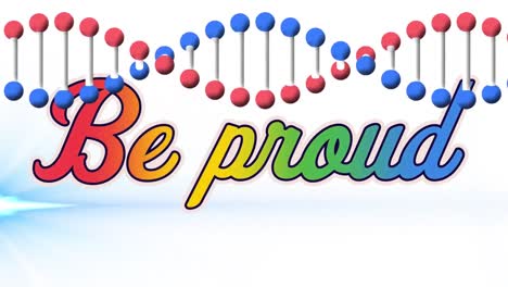 animation of be proud text over light trails and dna strand on white background