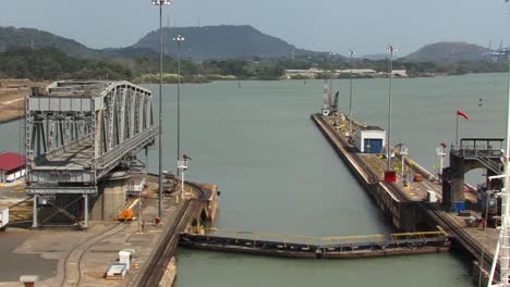 ship in the last chamber of miraflores locks, panama canal