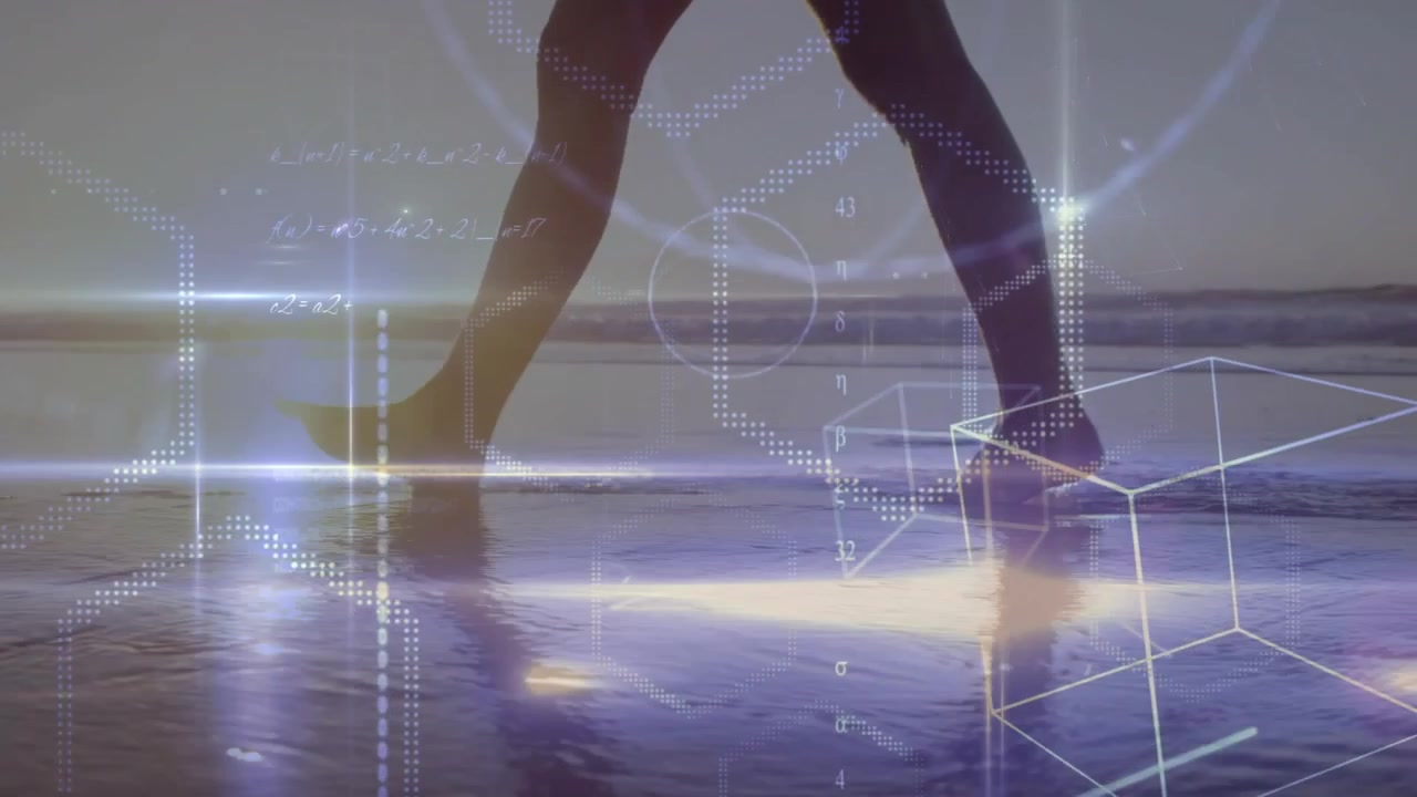 Mid-adult woman striking wet sand at sunset, sending ripples, pulsing tech wireframes around legs