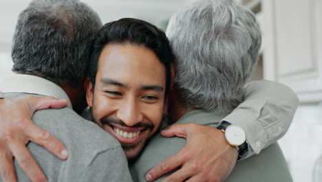 family, hug and elderly parents with adult son