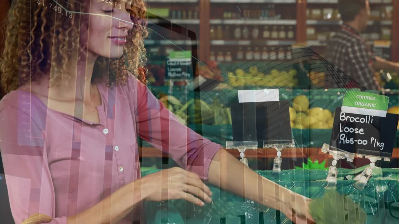 Animazione di elaborazione dati su una donna in un negozio.