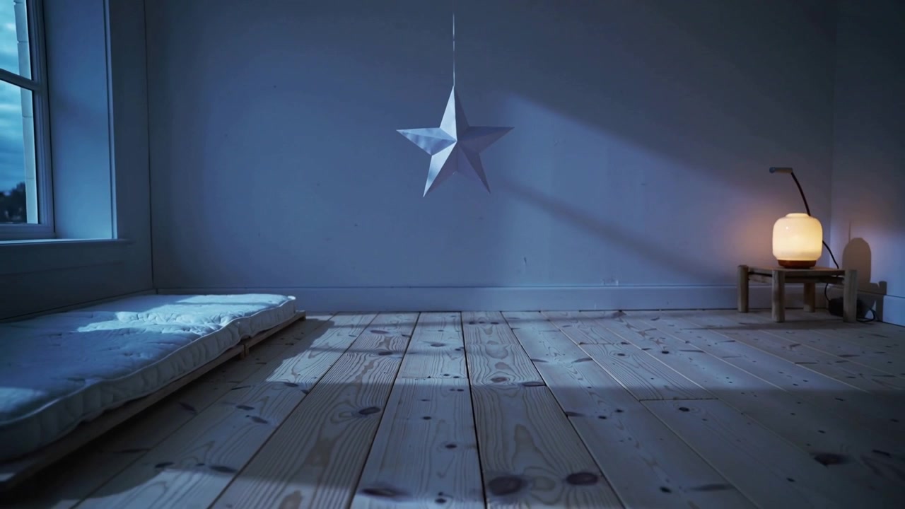 La cámara se aleja tras un inicio bajo, revelando una estrella de papel colgante y la distribución del dormitorio, con una lámpara encendida.