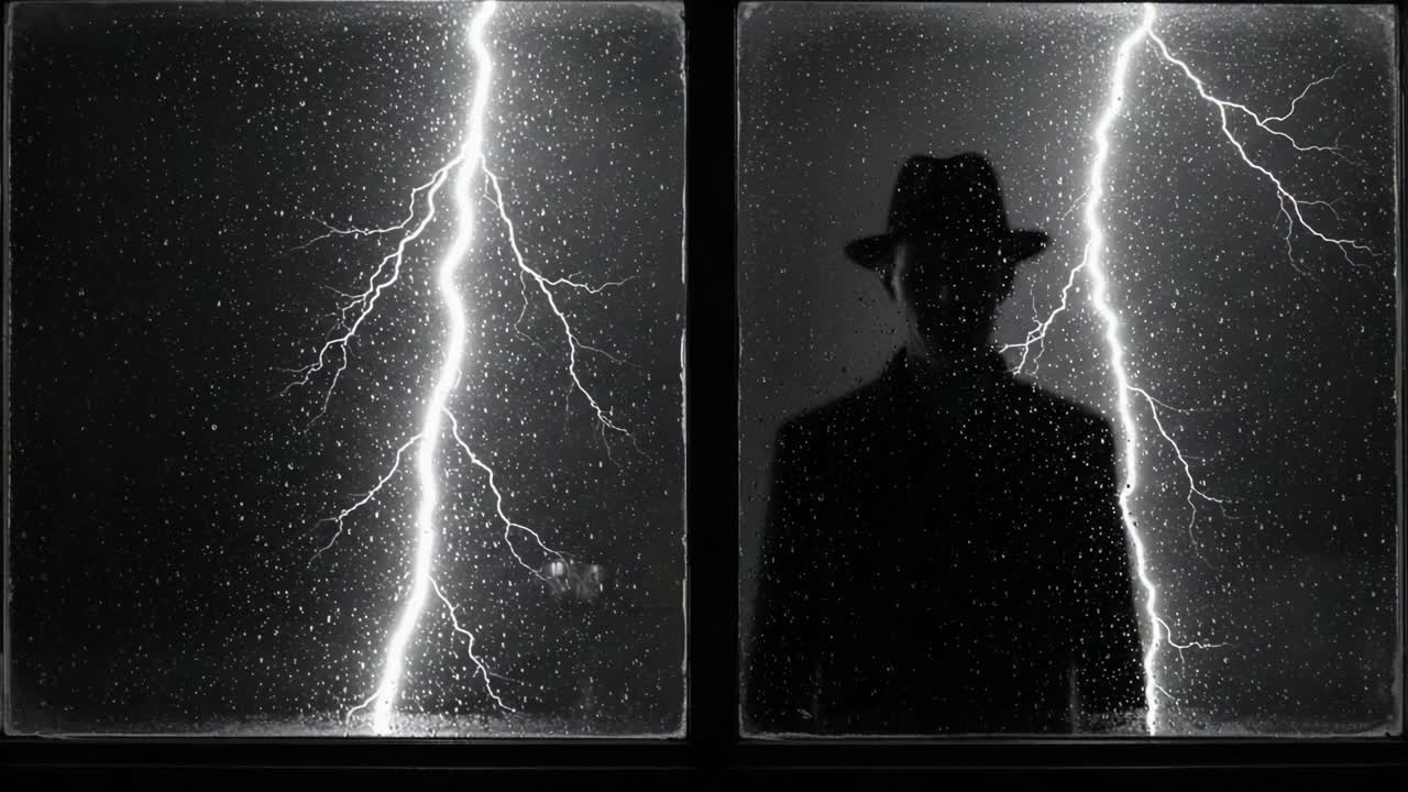 A Mysterious Silhouette Behind Raindrenched Glass Captures the Essence of a Stormy Night, with Striking Lightning Illumining the Darkened Surroundings