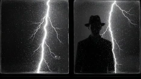 a mysterious silhouette behind raindrenched glass captures the essence of a stormy night, with striking lightning illumining the darkened surroundings