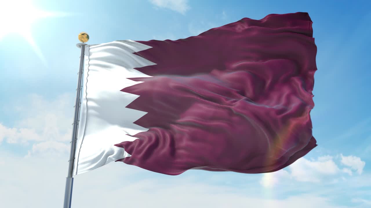 Qatar flag waving in the wind against deep blue sky. National theme, international concept. 3D Render Seamless Loop 4K