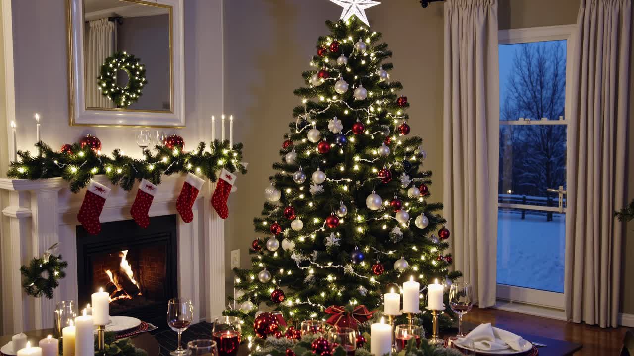 Festive living room video scene with a decorated Christmas tree, stockings, and candles