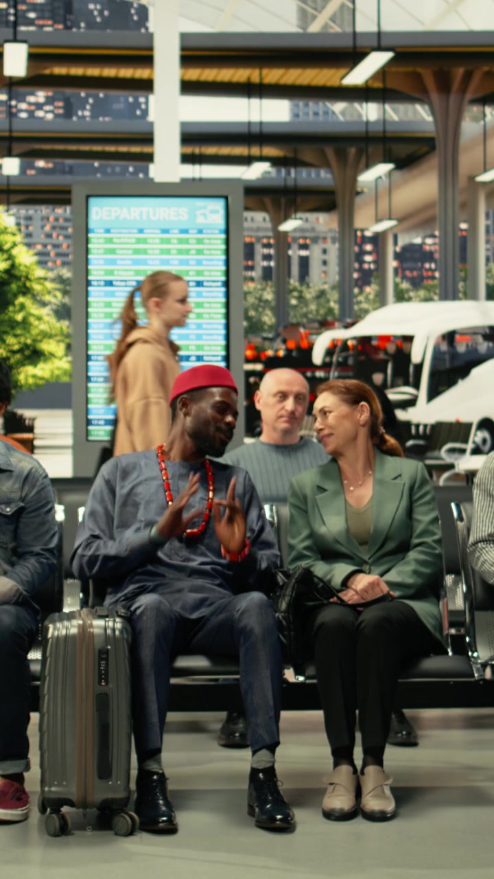 Belebtes Überlandbus-Terminal mit verschiedenen Passagieren, die vor der Reise sitzen.