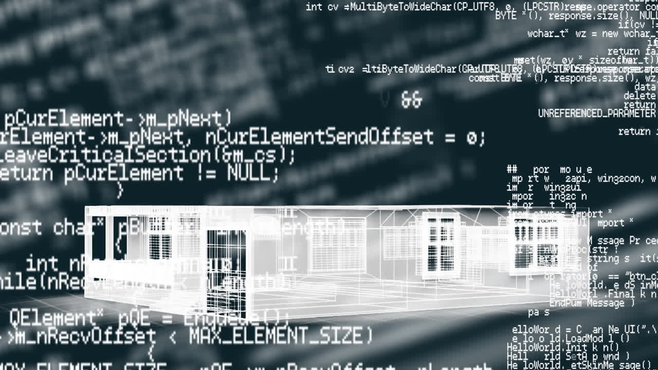 검은 바탕에  ⁇ 색으로 집의 정보 및 건축 그림의 애니메이션