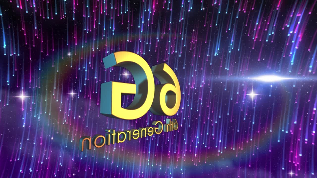 animación de texto de generación 6g sobre rastros de luz y puntos sobre fondo negro