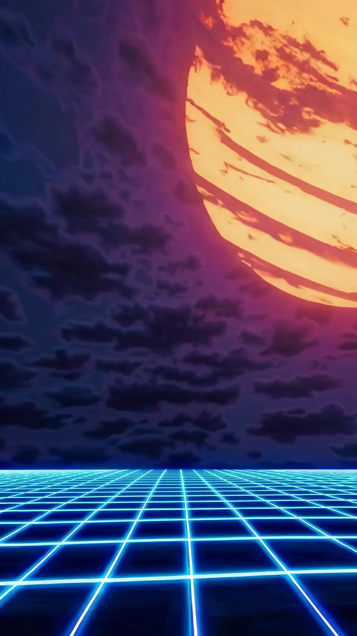 Paesaggio a griglia retro synthwave con sole luminoso e nuvole in movimento