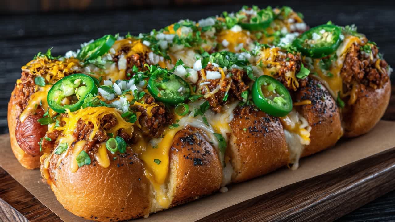 Deliziosa Festa Gourmet di Hot Dog: Un Panino Ricco Condito con Formaggio, Jalapeños, Cipolle ed Erbe Fresche, Perfetto per Qualsiasi Spuntino o Pasto.