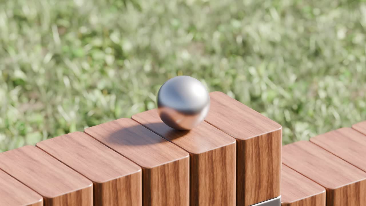 A sphere on a wooden bench