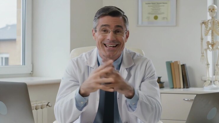 La telecamera inquadra un medico in camice da laboratorio e cravatta che parla e gesticola in un ufficio con due laptop e uno scheletro