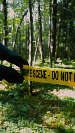 vertically filmed video of a police investigator or a detective unrollin and pulling a crime scene yellow colored forensic tape in front of a wooded forest area during a sunny warm day at nature