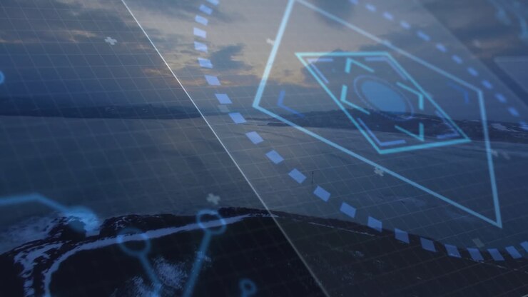 geometrische formen und datenverarbeitungs-animationen über eine luftansicht der landschaft