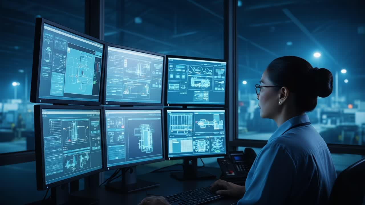 A focused professional analyzes complex data across multiple monitors in a modern workspace, utilizing advanced technology to enhance productivity and decision-making