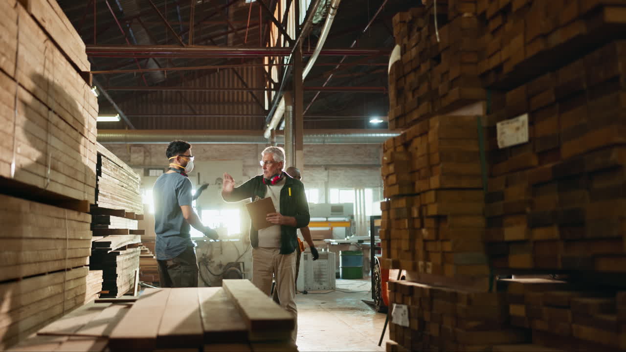 Workers in a lumber warehouse