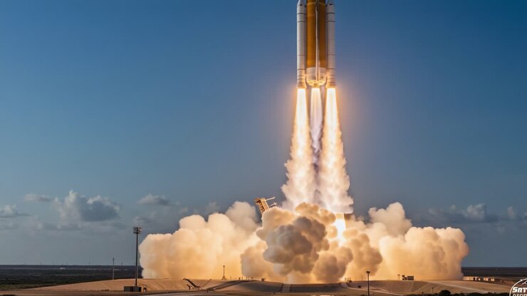 Dramatic Launch Sequence of a Powerful Rocket: Capturing the Moment of Lift-Off Against a Clear Blue Sky with Spectacular Plumes of Engine Exhaust