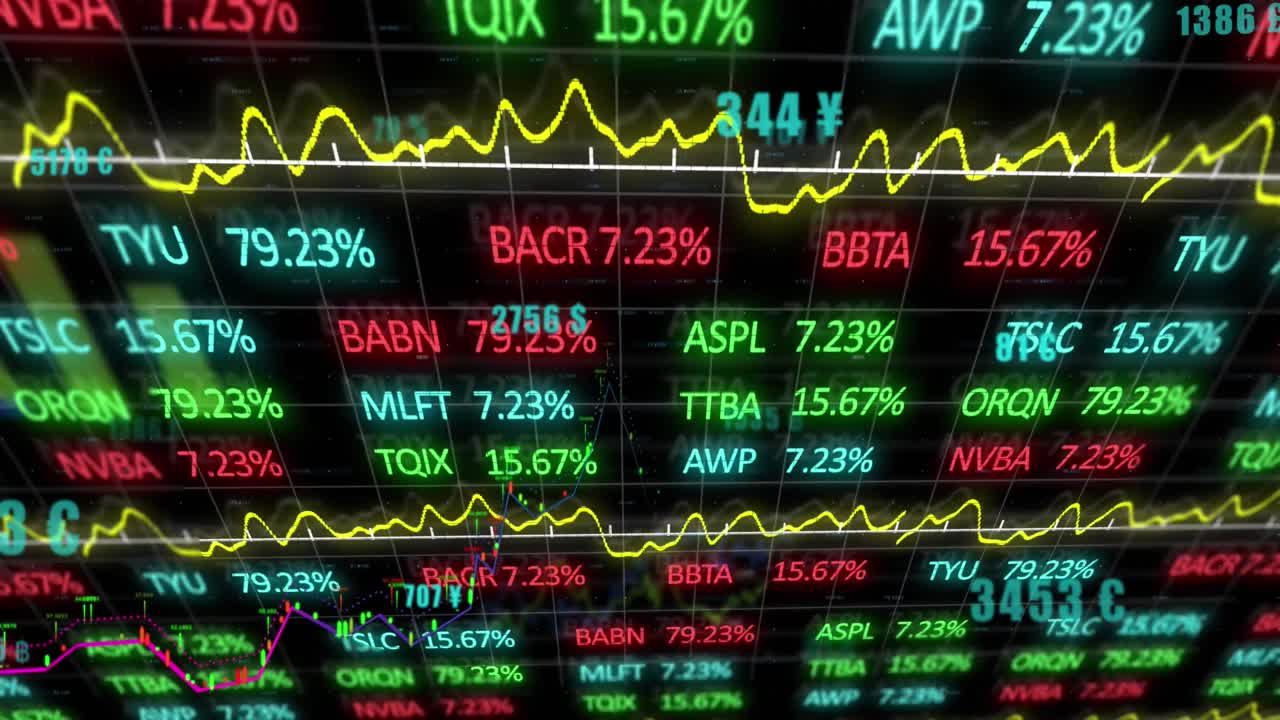 Animazione di elaborazione di dati finanziari e statistiche su sfondo nero