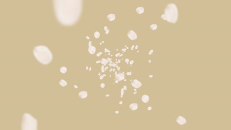 volando mucho arroz en fondo marrón. granos de arroz blanco. arroz glutinoso. vegetariano. comida saludable. animación de bucle 3d de arroz girando.