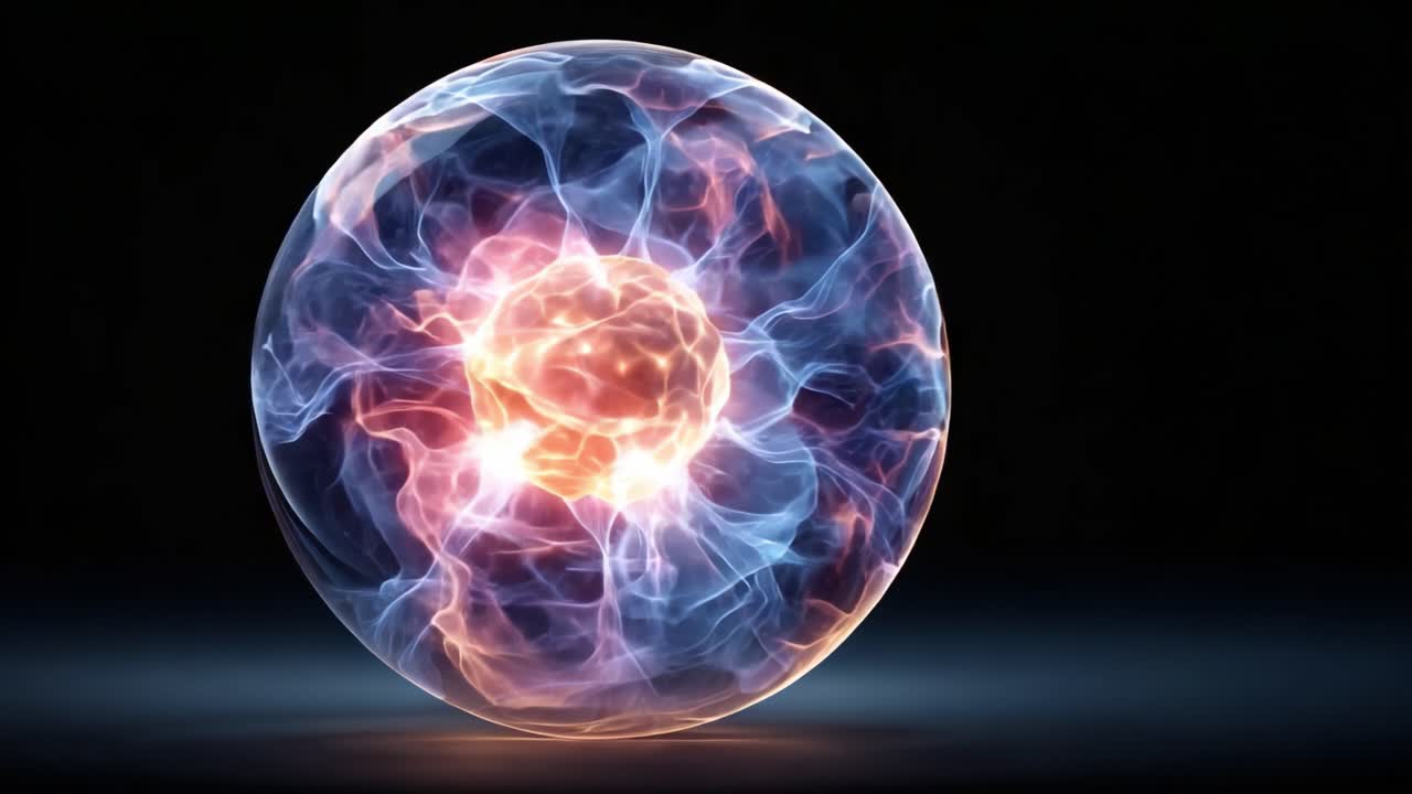 Uno sguardo accattivante ai motivi del plasma elettrico: Esplora la straordinaria trasformazione dell'energia all'interno di una sfera luminosa di forze dinamiche e viticci colorati.