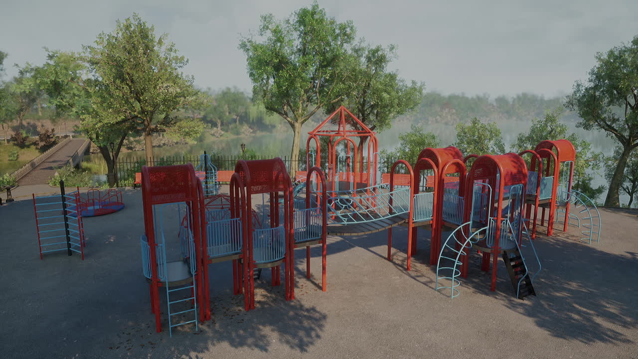 Empty Playground in a Park with a Foggy Lake in the Background