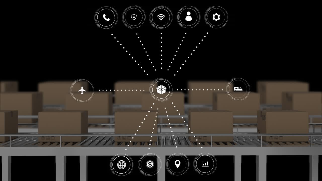 animación de datos e íconos sobre cajas de cartón en cintas transportadoras