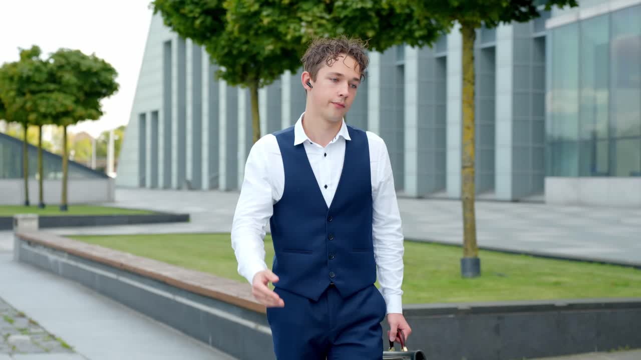 A Young Finance Analyst Walks While Adjusting His Earpiece and Listening Attentively - Medium Shot