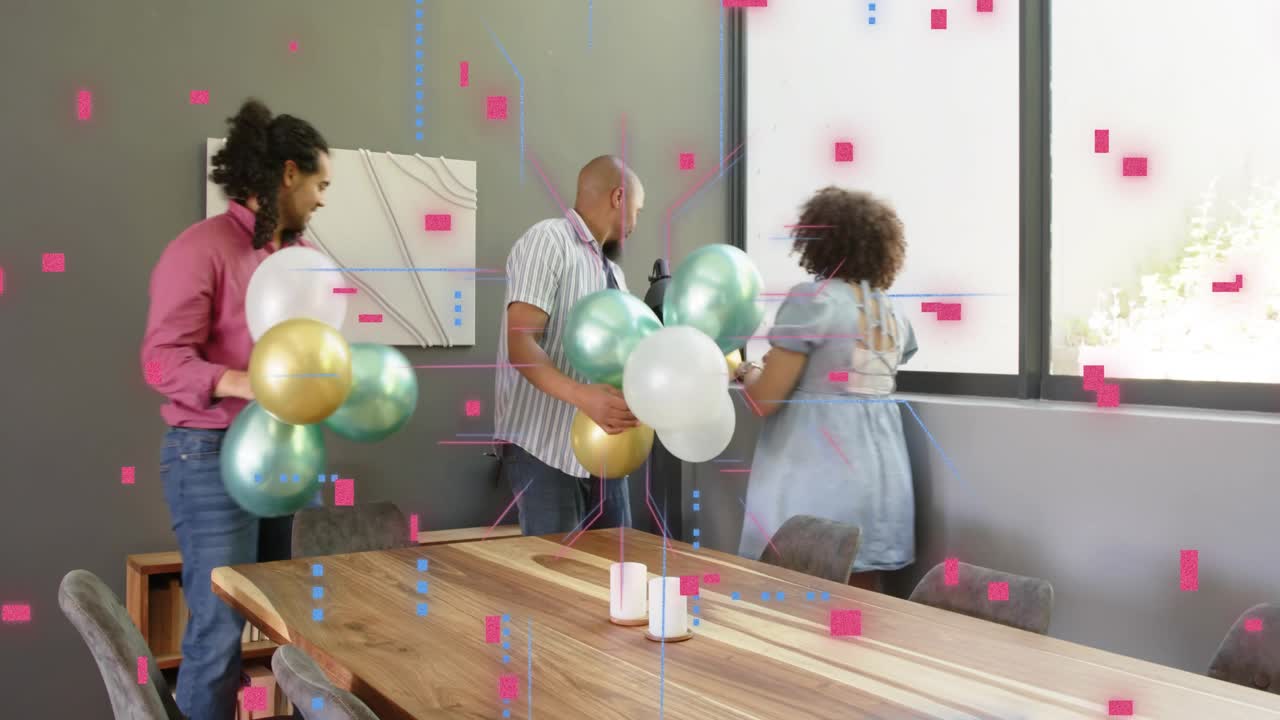 Colleagues unpacking box, assembling balloons and consulting booklet, decorating office window