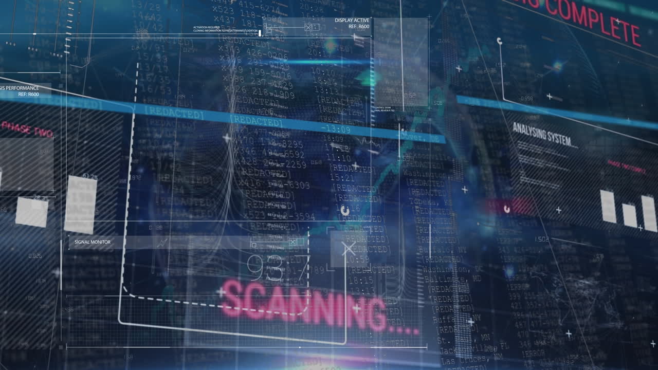 Animasjon av databehandling med skannende tekst over en globus