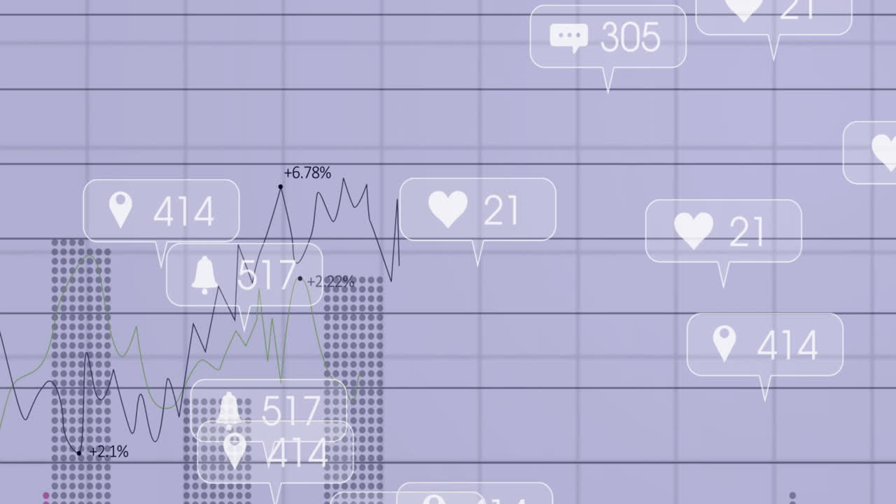 Data panel displaying fluctuating green and black lines with bars and social icons in flat design