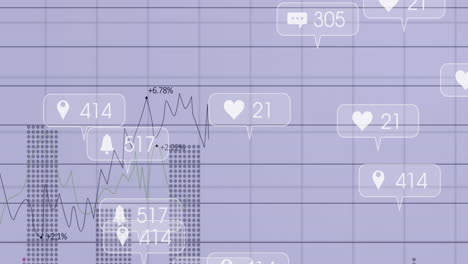 data panel displaying fluctuating green and black lines with bars and social icons in flat design