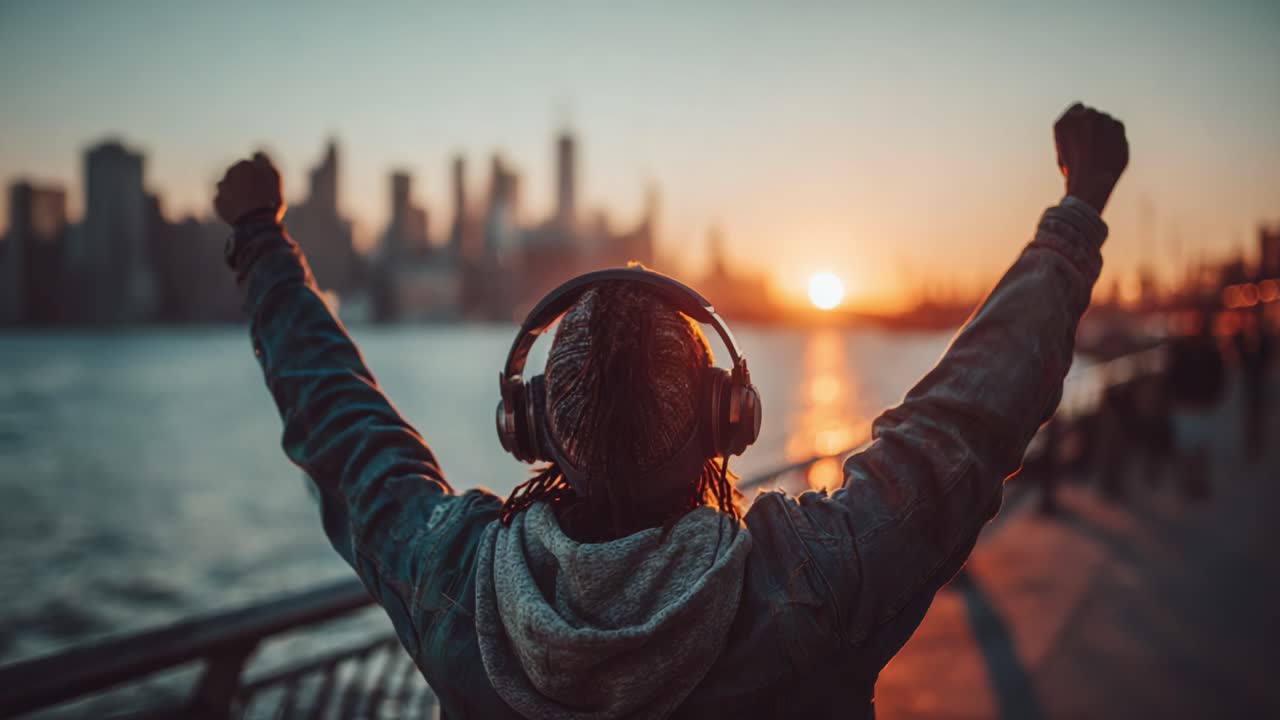 Momento trionfale: una persona con le cuffie alza le braccia in segno di vittoria, sullo sfondo di un abbagliante skyline cittadino al tramonto, incarnando lo spirito del successo