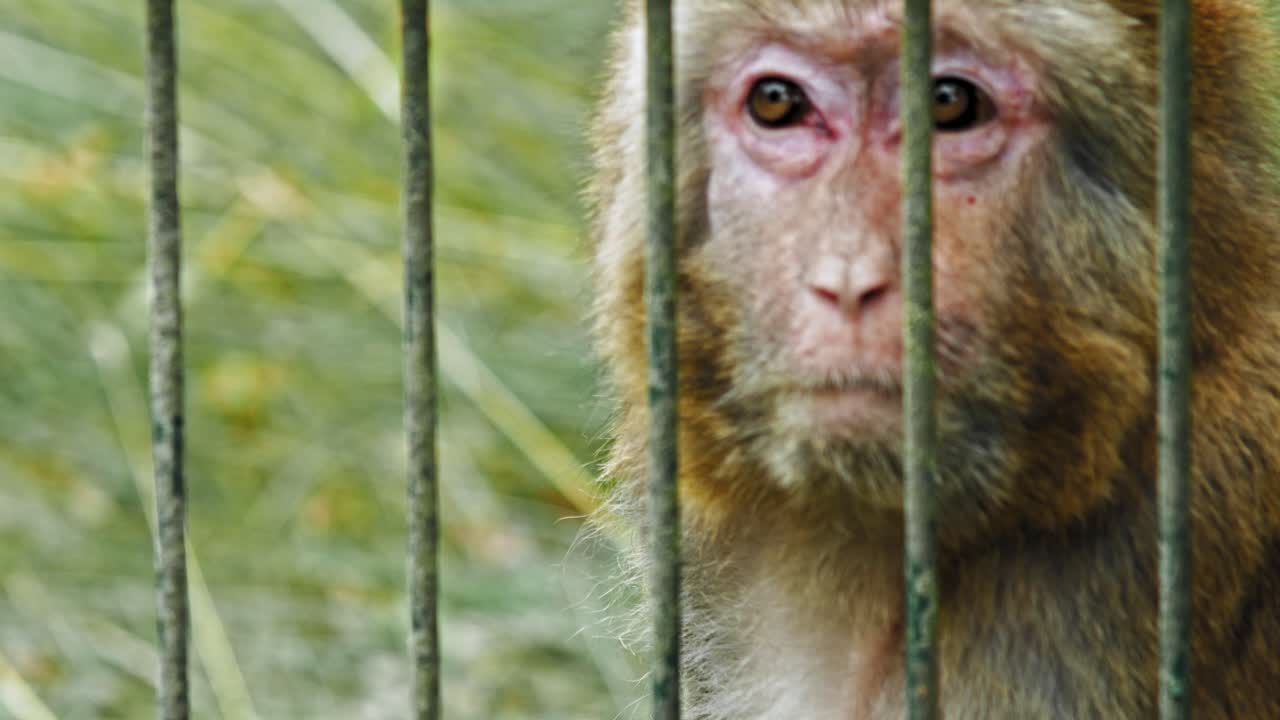 triste macaco rhesus detrás de la jaula en el zoológico