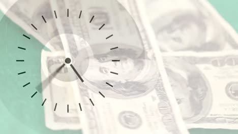 digital animation of clock ticking over american dollar bills falling against rotating green backgor