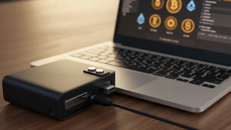 a high-tech device connected to a laptop, displaying dynamic data on a screen related to cryptocurrency and digital transactions