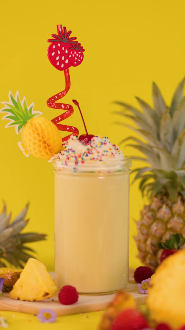 Frullato all'ananas guarnito con panna montata, ciliegia, codette e frutta, illuminazione brillante da studio.