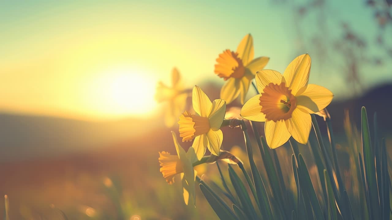 Sunlit daffodils in soft focus, low-angle shot, ideal for a serene nature video backdrop