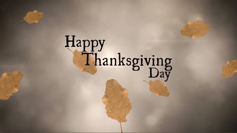 animation of happy thanksgiving day text over autumn leaves on grey background