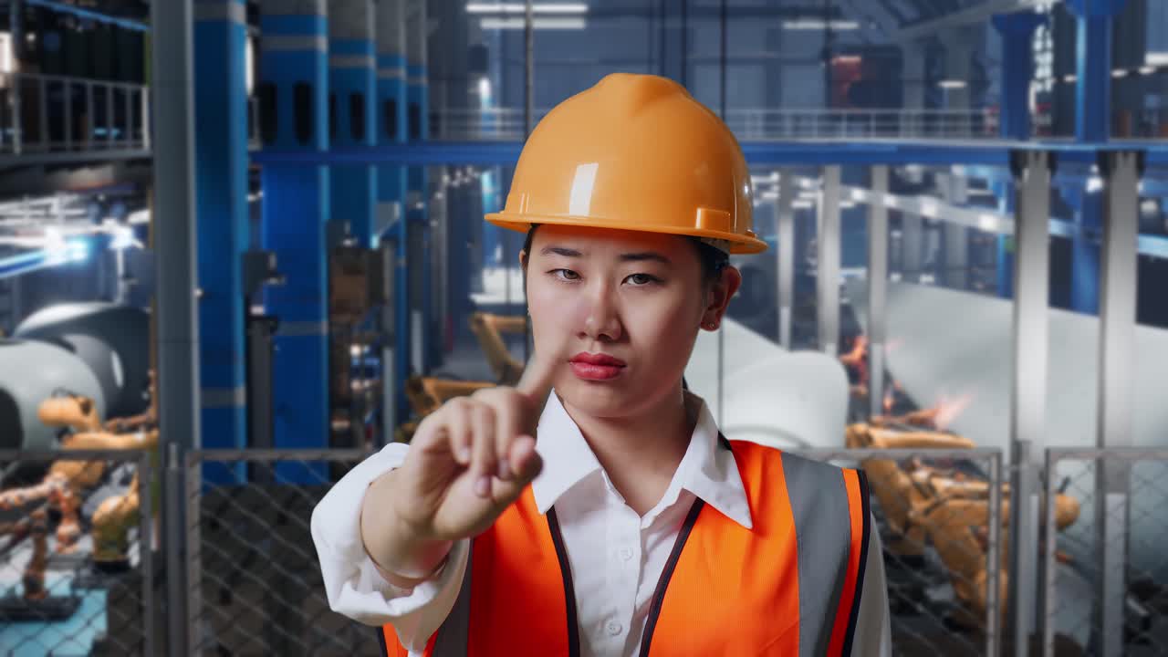 안전 헬을 입은 아시아 여성 엔지니어가 풍력 터빈 제조 공장에서 서 있는 동안 지표손가락 표시 없이 불쾌감을 표합니다.
