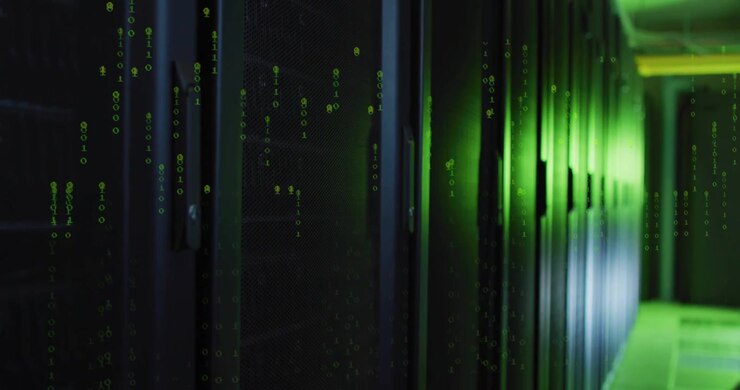 Camera gliding down datacenter aisle, sparking green code fall and showing rack handle, monitoring
