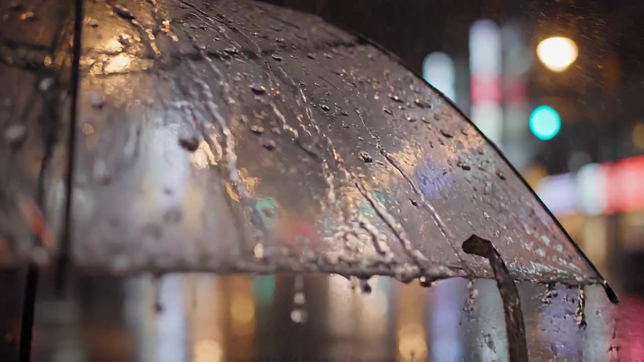 Close up of raindrops on clear umbrella against city lights