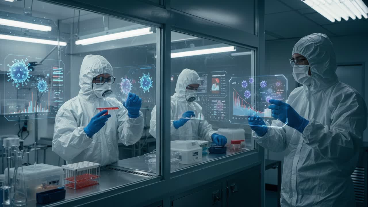In a high-tech laboratory, scientists dressed in protective gear analyze data related to viral research, showcasing advanced holographic displays and detailed charts