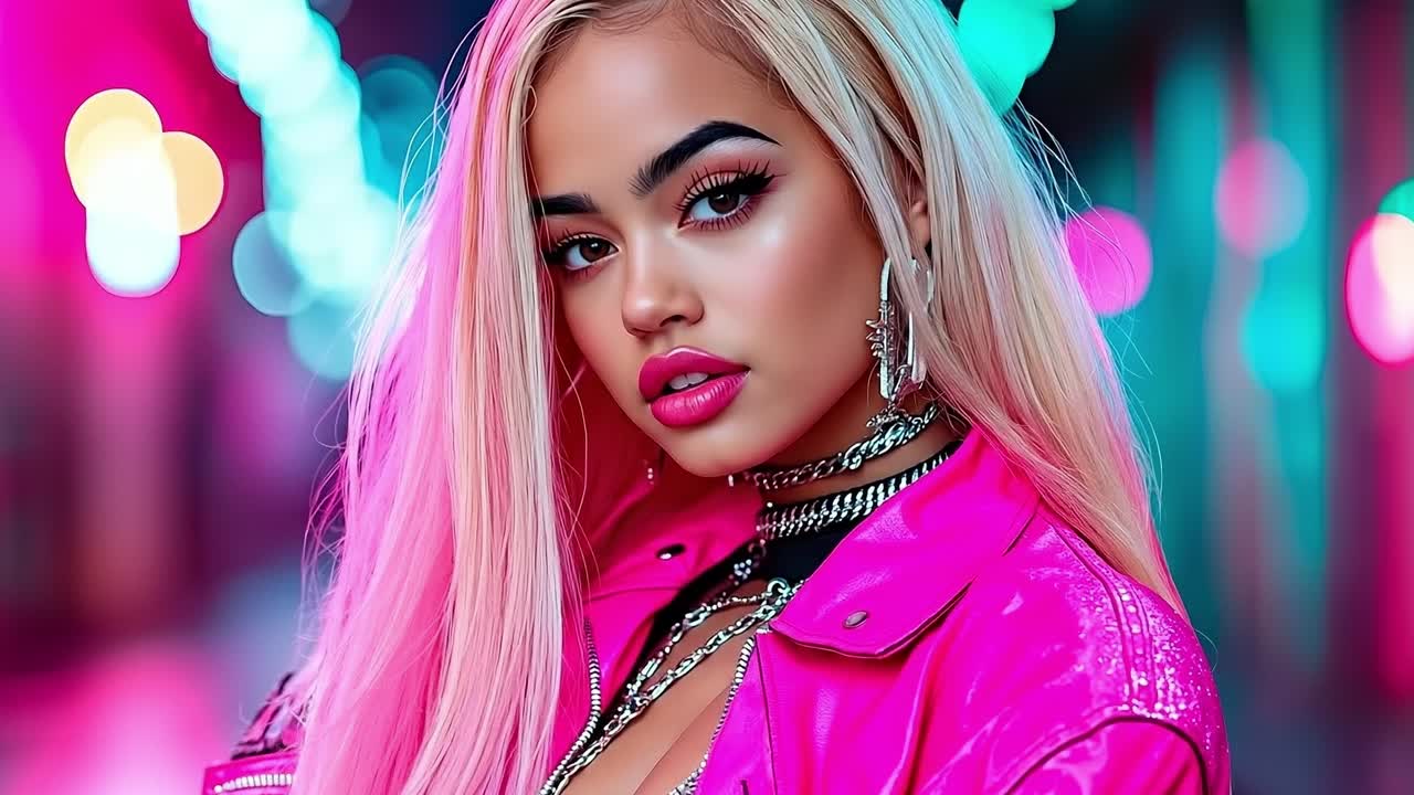 A woman with long blonde hair wearing a pink jacket