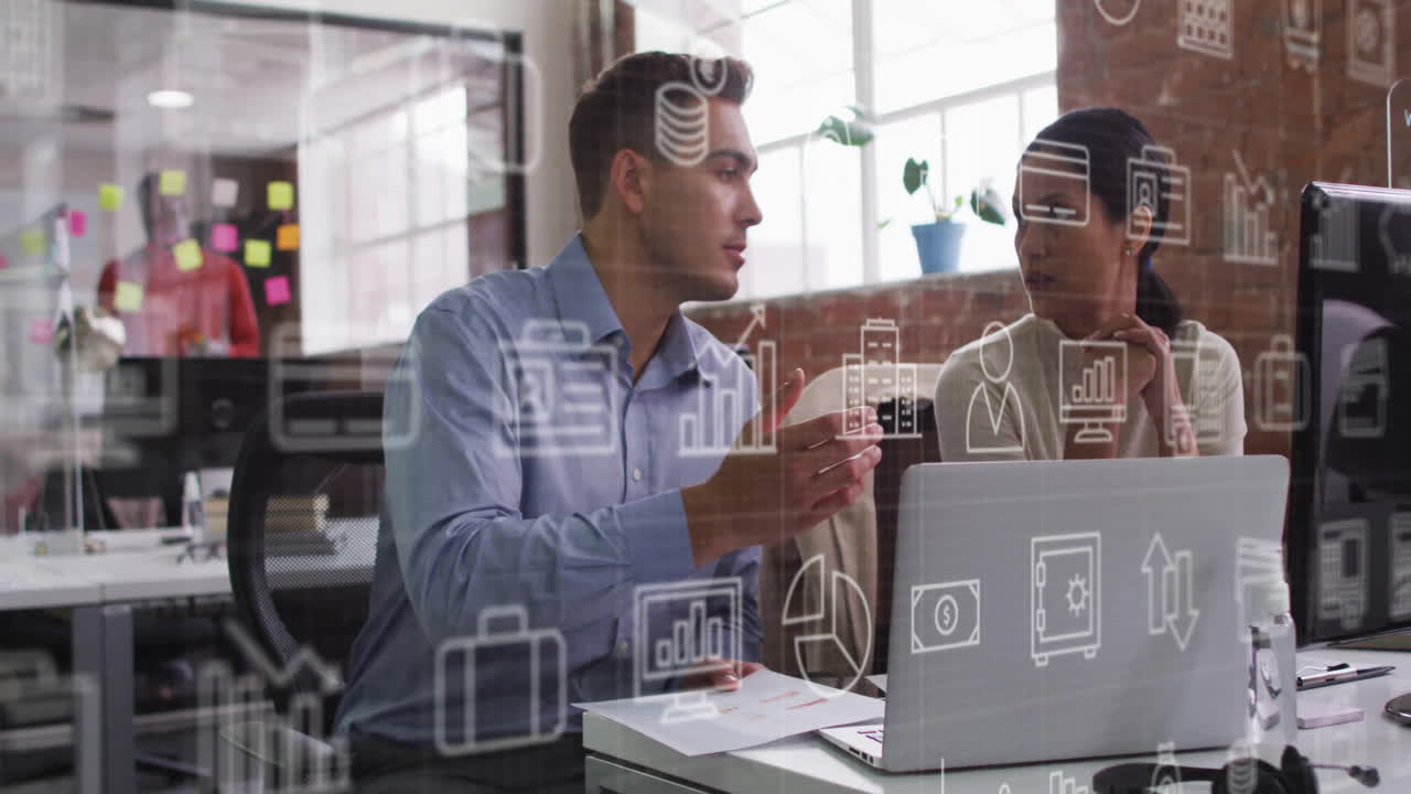 Discussing digital data animation, business professionals in modern office setting