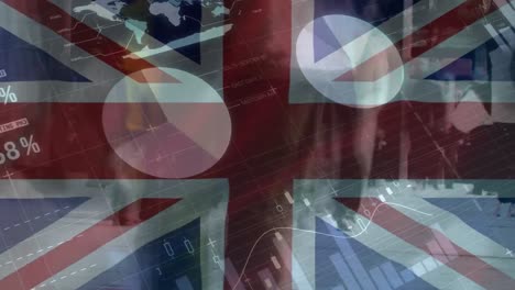animación del procesamiento de datos sobre la bandera del reino unido y la gente caminando.