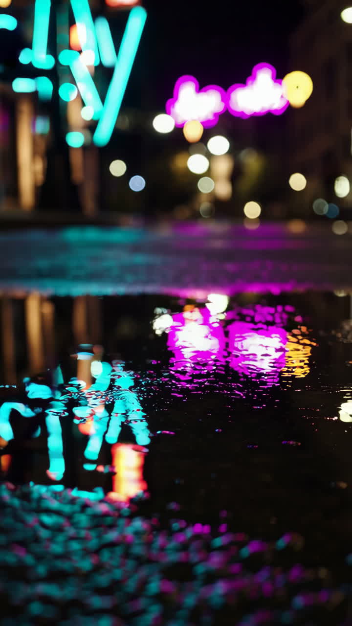 Neon Lights Reflected in a Puddle at Night